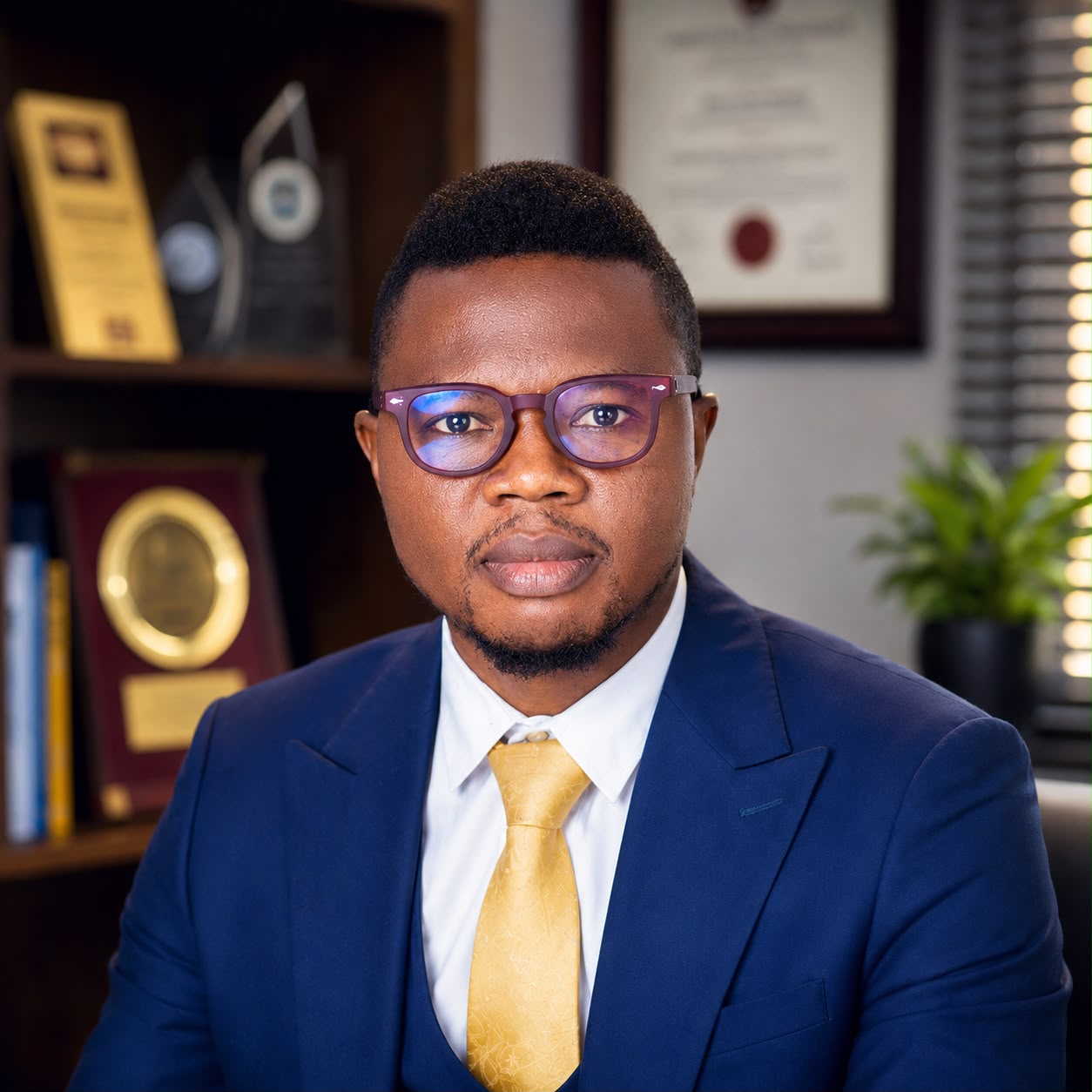 Professional headshot in blue suit